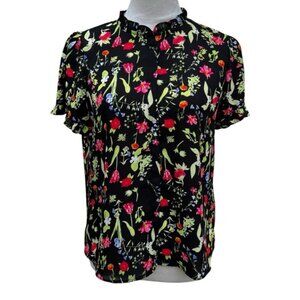 Tahari Small Women’s Short Sleeve Blouse Black Floral Ruffles Button Up Top